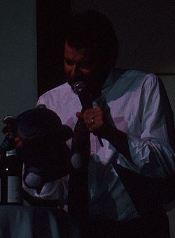 Jonathan with gifts from the fans